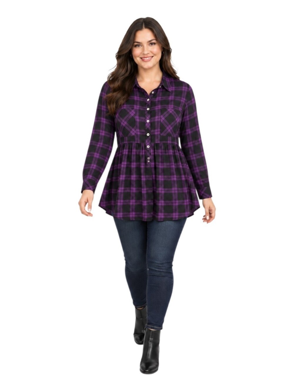 Torrid Size 00- M/L Emma- Plaid black & purple challis baby doll tunic NWT